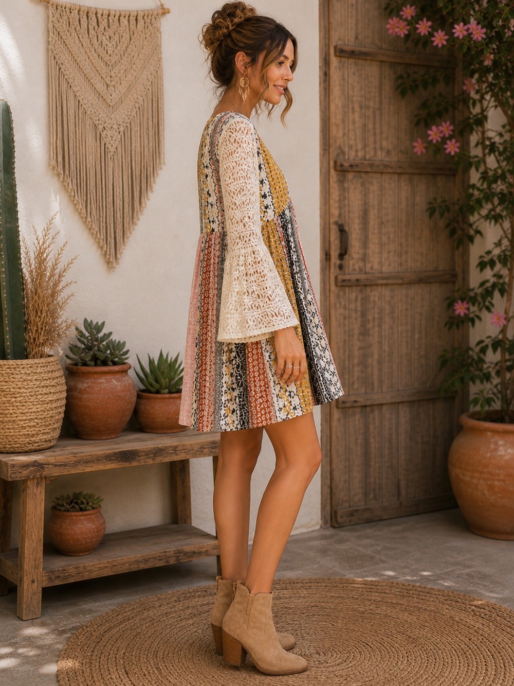 Boho Patchwork Lace Sleeve Mini Dress Bell Sleeve Bohemian Boutique Dress Size - Picture 3 of 6